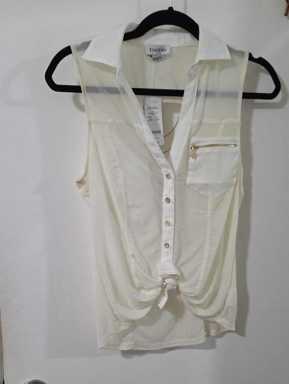 bebe Sheer Tie-Front Sleeveless Top With Back Chains